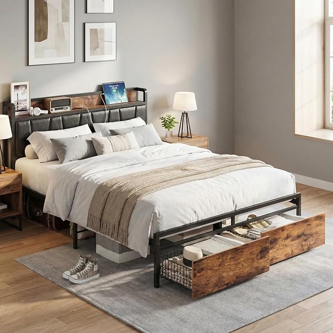 LIKIMIO Full Size Bed Frame with 2 Drawers and Charging Station | Platform Bed with Upholstered Storage Headboard, No Box Spring Needed, Easy Assembly, Sturdy, Industrial Brown and Black