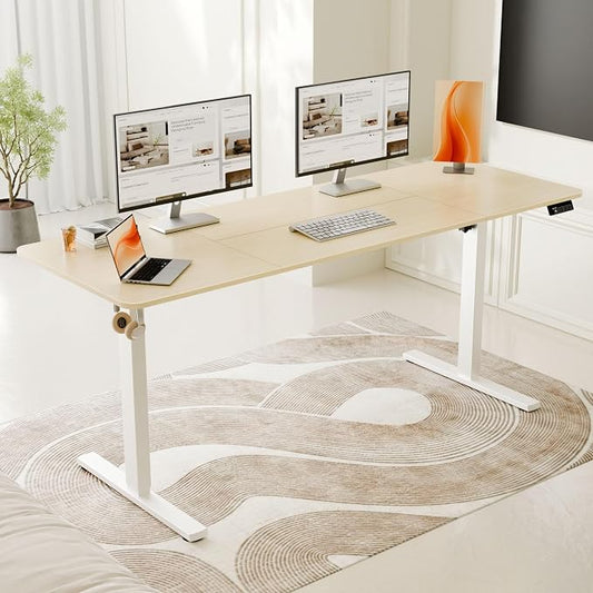 ERGOMAKER Electric Standing Desk, 67" x 23.6" Height Adjustable Sit Stand Desk with Splice Board for Home Office, Computer Desk Memory Preset (White Frame, Gold Oak Desktop)
