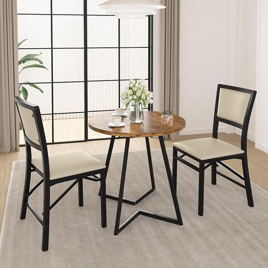 VECELO Folding Dining Chairs Set of 2, Metal Padded Foldable Seating with Comfortable Faux Leather, Space-Saving Portable Guest Seats for Kitchen & Office, No Assembly, Creamy Beige