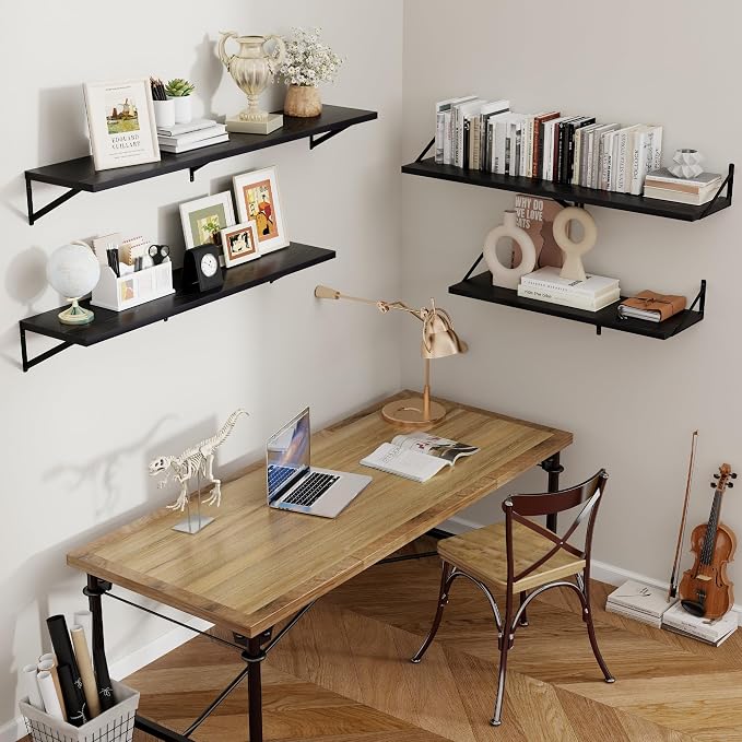 Axeman Floating Shelves for Wall Black- 48 Inch Wide x 12 Inch Deep Wall Shelves Set of 2 - Black Deep Wood Floating Shelves for Living Room Bedroom Laundry Room