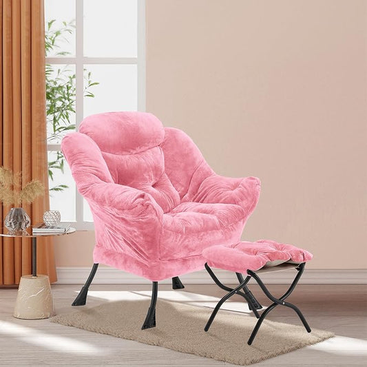 Youtanic Lazy Chair with Folding Ottoman, Accent Chair Plush Upholstered with Metal Structure and Non-Slip Pads, Sofa Armchair with Footrest and Side Storage Bag for Dorm, Room, Office, Pink