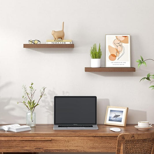 Heimlove Floating Shelves for Wall,16 inchs Shelf for Small Bathroom,Mounted Storage & Display Wood Shelves for Bedroom,Living Room,Kitchen,Office,Set of 2,Walnut Color