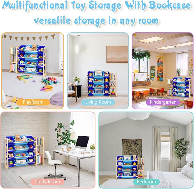 Kids Toy Storage Organizer with Bookshelf – Wooden Shelf with 12 Bins & 3 Shelves, Quick Assembly Storage Rack for Playroom, Bedroom, Nursery– Blue