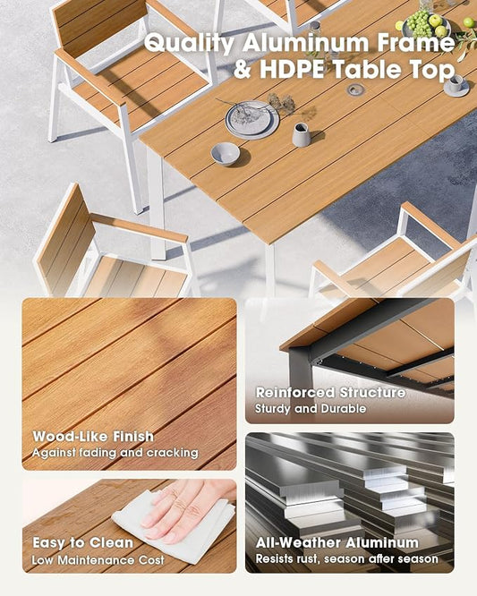 Outdoor Dining Table, Aluminum Patio HDPS Outdooor Table with Umbrella Hole, All Weather Patio Furniture Set, Patio Dining Table (White & Teak)