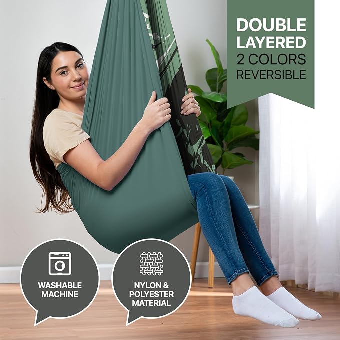 Indoor Sensory Swing for Kids or Outdoor – Holds 300lbs, Double-Layer, & 360° Swivel, Calming Compression Therapy Swing Hammock for Kids & Adults with All Hardware – Sensory-Motor Toys & Gifts