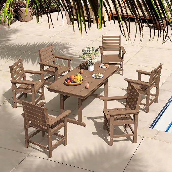 7 Piece Patio Dining Set, 66" Rectangle HDPS Weather Resistant Outdoor Table & 6 Patio Chairs Set with 1.96" Umbrella Hole, Heavy Duty Chairs for Backyard Balcony Deck, Brown