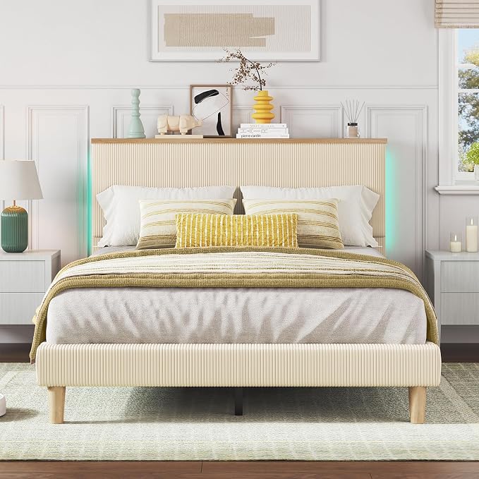Bestier Queen Bed Frame with Adjustable Headboard & LED Lighting, Corduroy Upholstered Platform Bed Frame with Storage Shelf, Solid Wood Slats, No Box Spring Needed,Never Squeak, Easy Assembly, Beige