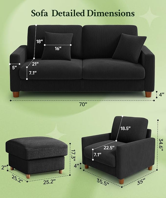 Welzona 70.2" Couches for Living Room, Comfy Sofa Set Tool-Free Setup, Corduroy Couch Set 7.1" Thicker Cushion, Accent Chair with Ottoman 848lbs Support, Sofas for Living Room Home Office, Black