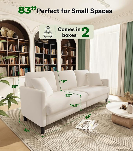 Welzona 83" Couches for Living Room, Teddy Sofa Couch, Comfy Sofas for Living Room, Tool-Free Setup Loveseat Sofa, All-Wood Love Seat Couches, Small Couch 2 Pillows Included, Beige White