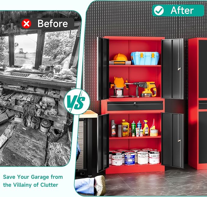 SISESOL Metal Storage Cabinet with Drawer and Lock,Garage Storage Cabinet with Locking Doors and Shelves,71" Black Red Metal Cabinets,Lockable Steel Tool Cabinets for Garage,Home,Office,Shop