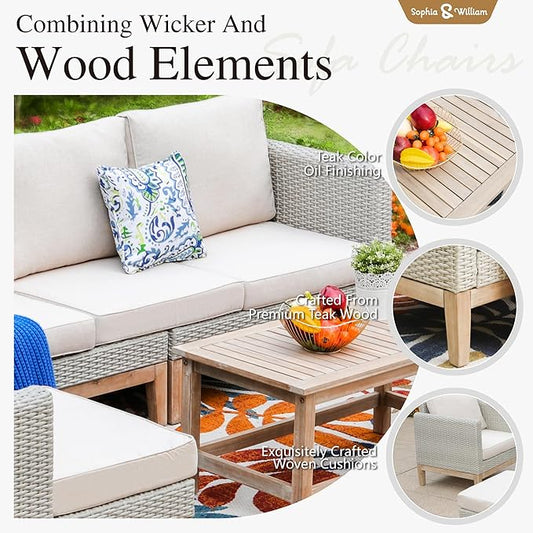 Sophia & William Patio Furniture Set, 5-Piece Wicker Patio Conversation Set, Rattan Outdoor Sectional Sofas with Ottomans & Wooden Coffee Table, Beige