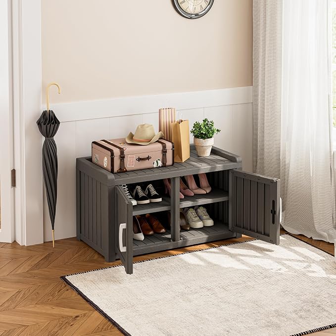 2-Tier Storage Bench, Waterproof UV-Resistant Outdoor Shoe Storage Cabinet with 2 Doors & Adjustable Shelves for Indoor Outdoor Entryway, Hallway, Living Room (Classic Grey)