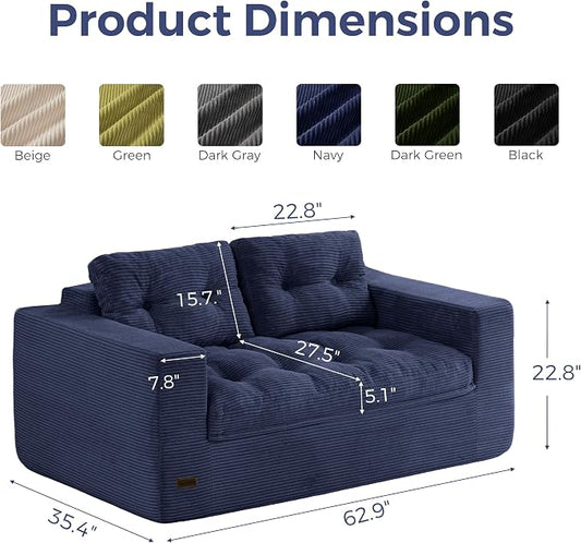 MAXYOYO 63" Loveseat Sofa Couch for Small Spaces, Upholstered Boneless Cloud Couch for Apartment Bedroom, 2-Seater Love Seat Floor Modern Sofa with Pillows, No Assembly Required, Navy