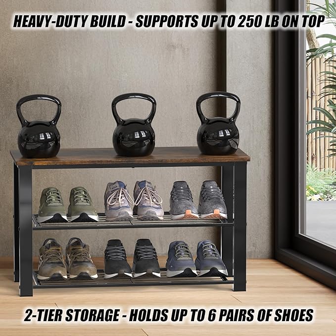 Simple Houseware Wood Top Shoe Storage Bench for Entryway, Rustic Brown