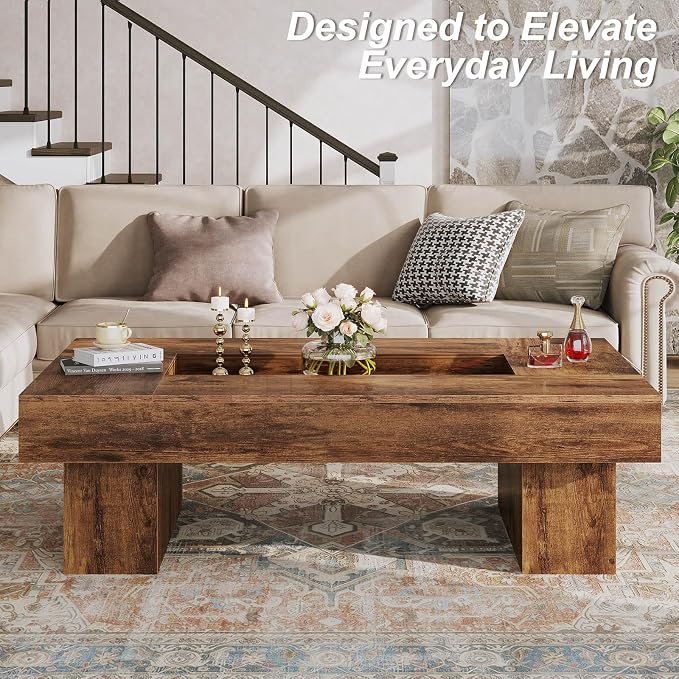 LVB Rustic Coffee Table, Large Wood Living Room Table with Storage, Modern Long Rectangle Led Center Table, Farmhouse Unique Low Wide Tea Table with LED Light for Home Office, 47.24 in, Rustic Brown