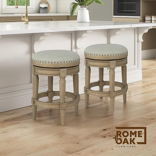 ROME + OAK Runyan 26" Swivel Counter Stool, Rotating Backless Barstool in Reclaimed Oak with Ash Grey Fabric Seat - for Kitchens or Dining Rooms