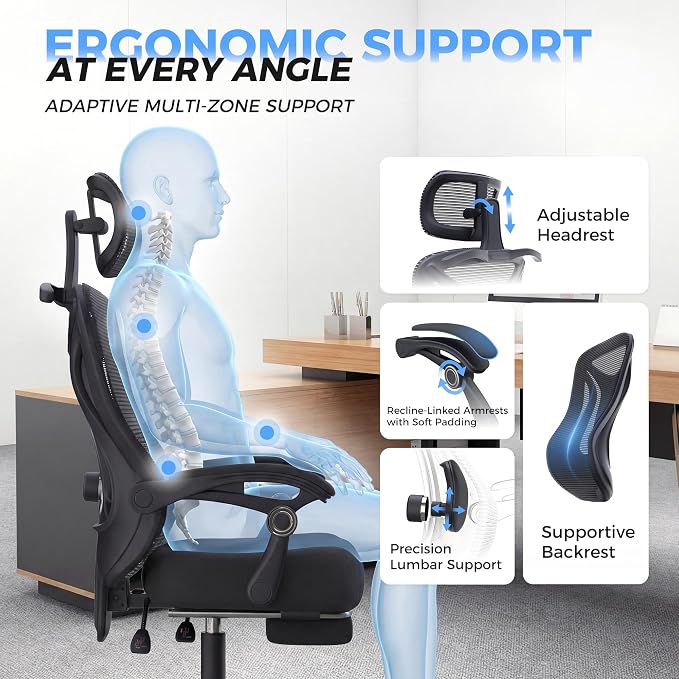 CYKOV Ergonomic Office Chair with Footrest - Adjustable Lumbar Support & Headrest, 90-135° Reclining Mesh Back Computer Chair - Home Office/Gaming, 350lbs Capacity