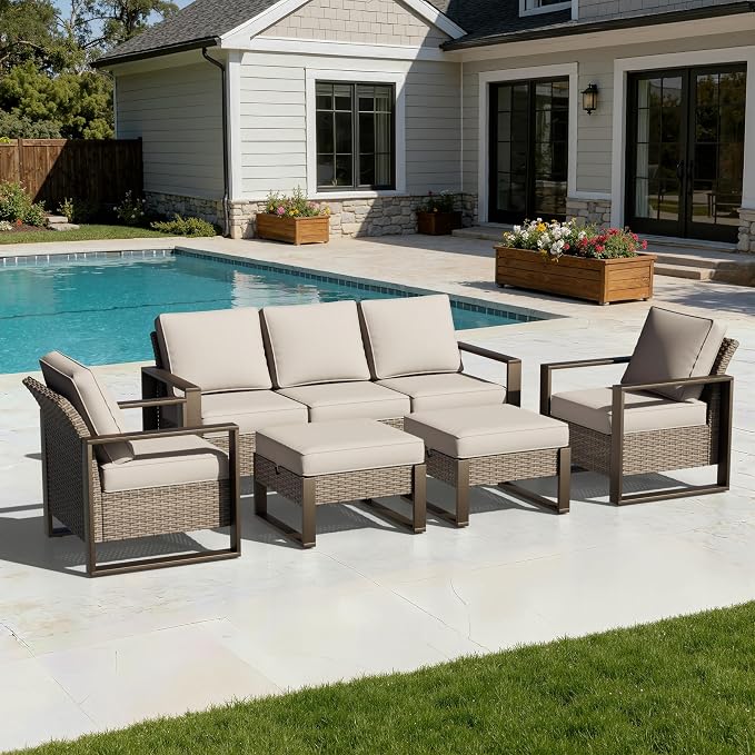 Joyside Outdoor Patio Chairs, 5 Pieces Wicker Rattan Furniture Set, 2 Patio Chairs, 1 Sofa and 2 Ottoman, Metal Wide Armrest, Thick Cushions and Deep Seating for Garden, Backyard, Porch, Deck