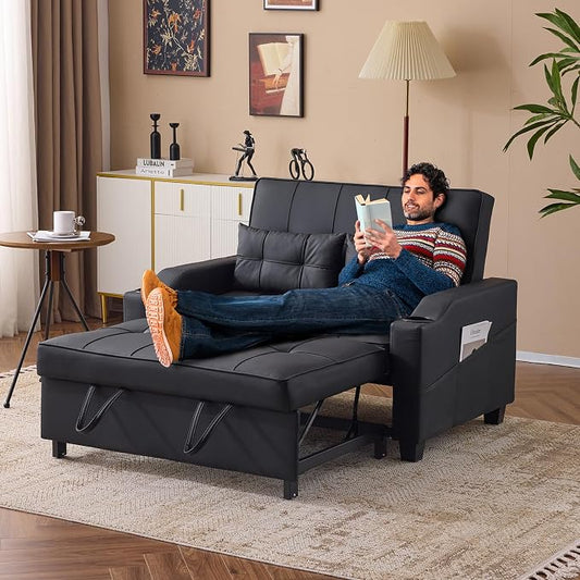 VINGLI Convertible Loveseat Sleeper Sofa, Black Faux Leather Futon Sofa Bed Pullout Couch Bed with USB Ports, Cup Holders, Armrest for Living Room, Bedroom, Home Office Apartment