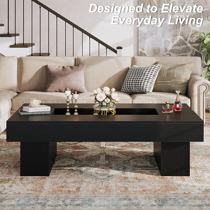 LVB Black Coffee Table, Modern Wood Led Living Room Table with Storage, Unique Large Wide Rectangle Center Table with LED Light, Contemporary low Tea Table for Bedroom Home Office, 47.24 In, Black Oak