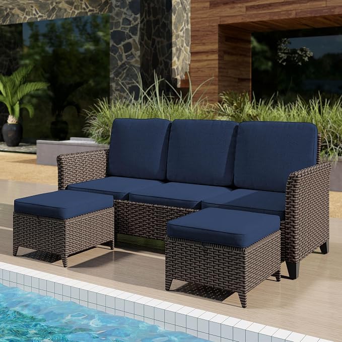 3 Pieces Patio Furniture Set, Outdoor PE Wicker High Back Couch & 2 Rattan Ottomans, All Weather Patio Set with Waterproof Cushion for Porch, Backyard and Deck