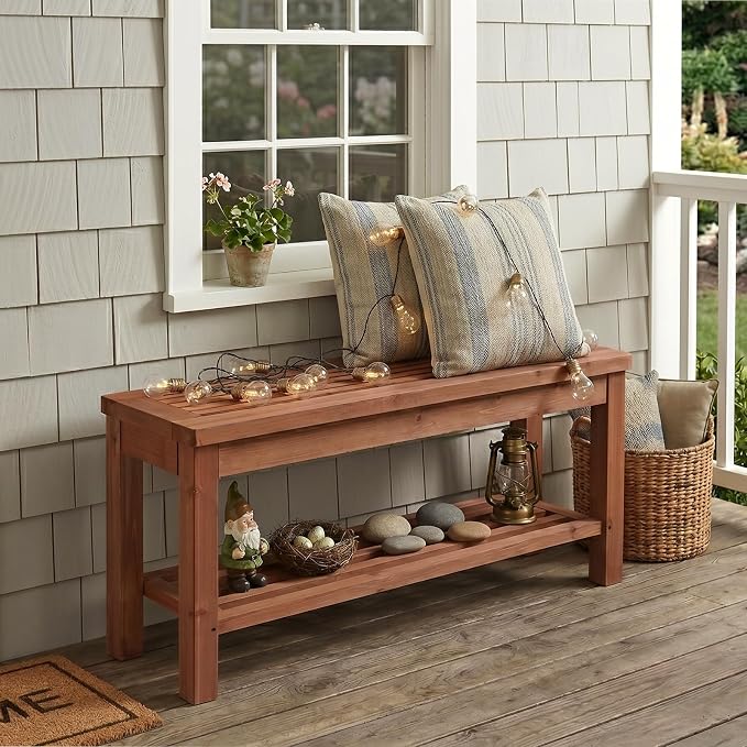 VINGLI Rustic Storage Bench, Solid Wood Seat with Storage Shelf, Indoor Outdoor Shoe Rack, 450lbs Capacity Small Outdoor Bench for Mudroom Entryway Patio Porch (Brown, 40in)
