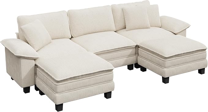 PHI VILLA Cloud Modular Couch Sets, 123.6" Oversized Sectional Sofa with U-Shaped Chaise, 5-Seater Couches with 2 Movable Ottomans for Living Room, Corduroy Beige
