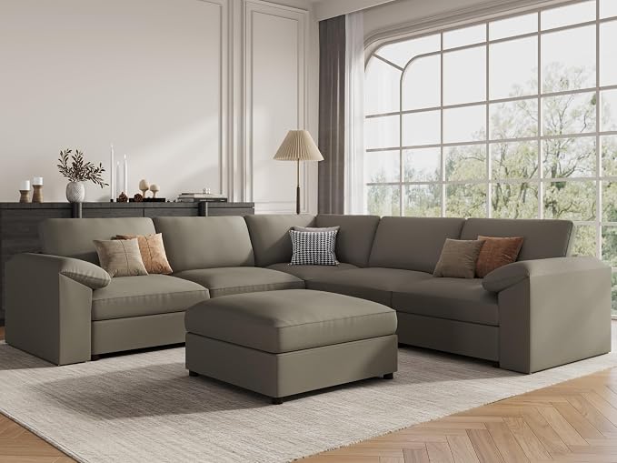 EASE MOOSE Oversized Corner Modular Sectional Sofa with Ottoman, Faux Leather Sectional Sofa with Deep Seat, Scratch Resistant Faux Leather Material, Extra Large L Shaped Couch,Light Grey
