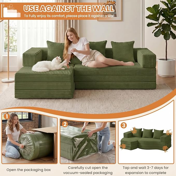 79" Modular Sectional Sofa, Boneless Convertible Sleeper Sofa Bed, Modern Tri-Folding Cloud Couch with L-Shape Chaise, Corduroy Futon for Living Room Small Spaces Apartment, No Assembly,Green