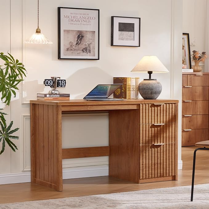 LEYAOYAO Office Desk 48" with 3 Drawers Storage File Cabinet Wood Fluted Desk for Computer Office Bedroom Home Furniture Tea Brown