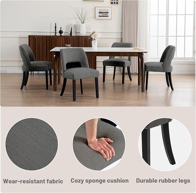 VKNOW Wooden Dining Chairs Set of 6, Modern Fabric Upholstered Dining Room Chair Kitchen Chairs, Farmhouse Dinner Chair for Kitchen Dining Room, Dark Grey-Black Legs