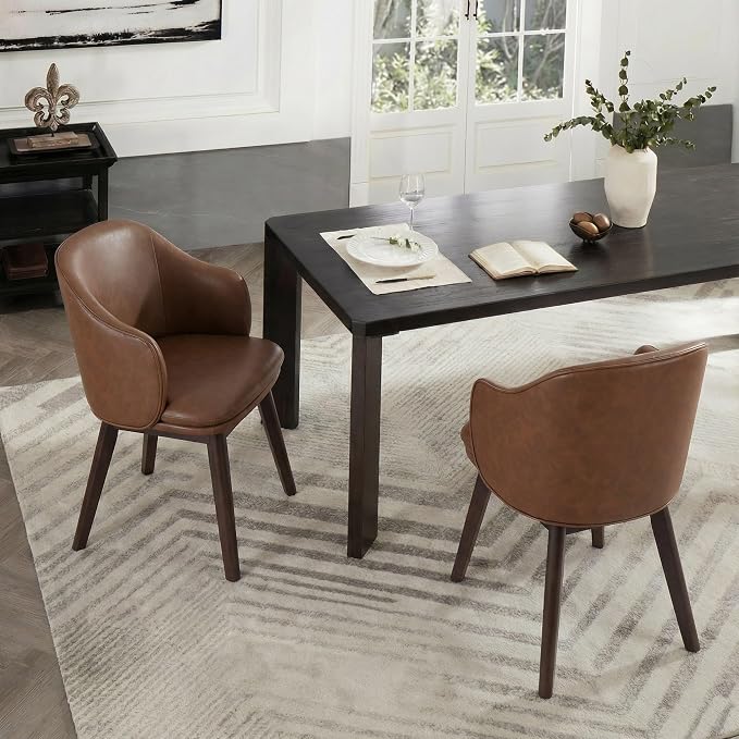 KISLOT Wooden Dining Chairs Set of 4, Faux Leather Barrel Upholstered Modern Dining Room Chairs with Soild Wood Leg & Double-Layer Thick Cushion for Restaurant, Kitchen, Brown