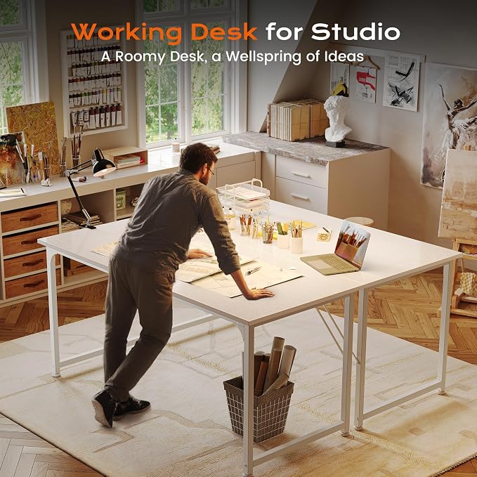 PRAISUN 55 X 24 Inch Computer Desk with Deeper Desktop, Gaming Office Writing Work Desk for Home Office, Study, Bedroom, Work from Home, Metal Frame, White