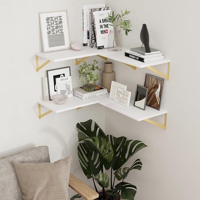 Axeman Deep Floating Shelves for Wall, 12 Inch Deep White and Gold Shelves Set of 2, 16W x 12D White Wood Wall Shelves with Golden Brackets for Bedroom Bathroom Living Room Kitchen - White & Gold