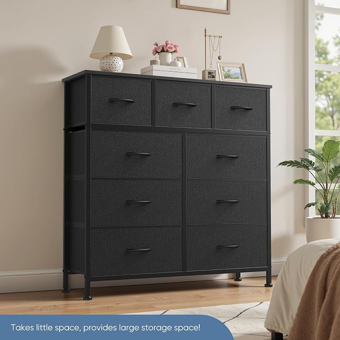 DUMOS 9 Drawer Dresser for Bedroom, Fabric Storage Organizer with Sturdy Metal Frame, Wooden Top Chest of Drawers for Closet Entryway Guest Room,Matte Black