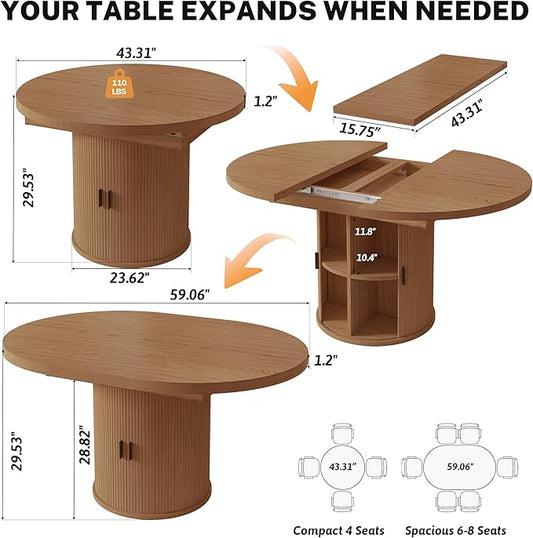 Vipbear Extendable Dining Table 43-59" for 4-6 People, Solid Wood Top with Fluted Slide Door & 8-Compartment Storage, Space Saving Round Dining Room Kitchen Dinner Tables with Pedestal Base (Walnut)