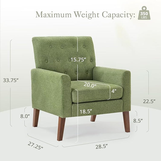 LUE BONA Linen Accent Chair 18.5" H, Upholstered Button Tufted Arm Chair, Comfy Living Room Chair with Arms, Modern Armchairs for Bedroom, Living Room, Avocado Green