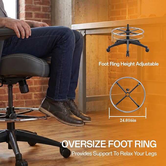 BOLISS 400lbs Mid Back Premium Leather Ergonomic Drafting Chair Office for Adjustable Desk Wide Chair Built-in Lumbar Support Adjustable Foot Ring Height Adjustable Armrest (Black Leather)