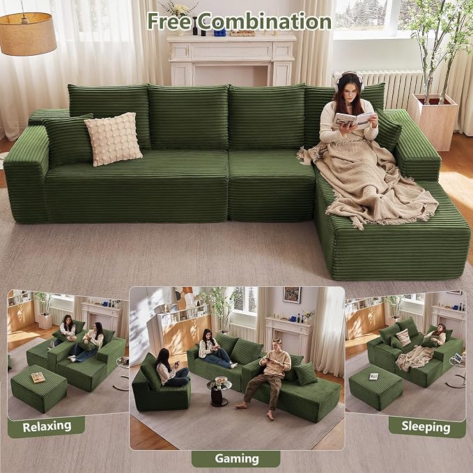 135" Cloud Sectional Couch with L-Shape Chaise, Modern Modular Comfy Sofa Chaise Longue, Upholstered Corduroy Couches Sleeper with Deep Seat for Living Room Bedroom, No Assembly Required, Green