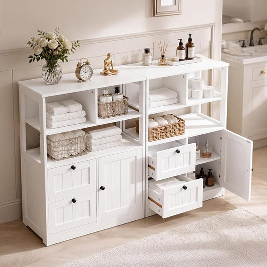GRUSIGN Bathroom Storage Cabinet with Door and Drawers, Small Freestanding Bathroom Cabinet Organizer, Farmhouse Wooden Cupboard with Adjustable Shelves for Kitchen, Living Room, White