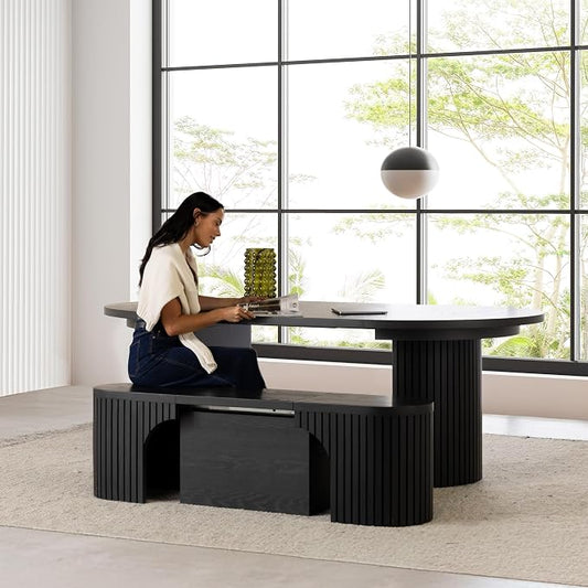 Transformer Table - Solid Wood Extendable Round Dining Table Set with Bench, Seats 4-10, Extendable Round Dining Set, Seat with Hidden Panel Storage, Black (Table + Bench)