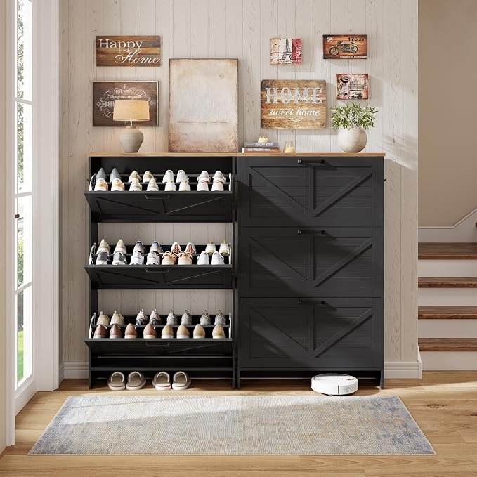 Nicetree Shoe Storage Cabinet for Entryway, 9.1" Ultra Slim 3-Drawer Flip Shoe Cabinet, Modern Black Farmhouse Hidden Shoe Organizer, Narrow Shoe Rack for Small Spaces
