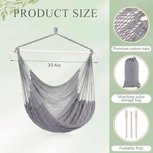 Barydat 2 Pcs Hanging Hammock Chair Boho Swing Chair Outdoor Indoor Comfy Soft Cotton Rope Weaving with 40 Inch Detachable Metal Bars for Backyard Living Room Garden, 270lb Capacity (Light Gray)