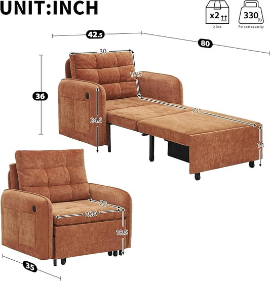 ERYE Modern Foldable Chair Sofa Convertible Pull Out Sleeper Sofabed,Single Seat Tufted Upholstered Sofa Convertible Chaise Lounge Bed with USB-Ports and Side Pockets