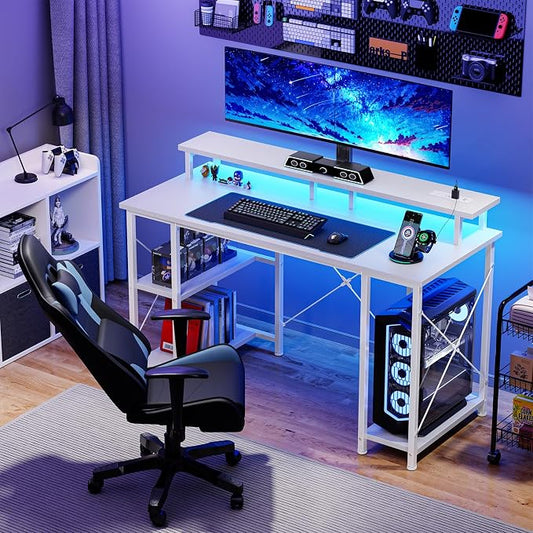 DUMOS 47” Gaming Desk with USB Charging Ports & LED Lights, Reversible Computer Desk with Drawers, PC Desk for Home Office Small Space, Gaming Table Fits PC Towers, White