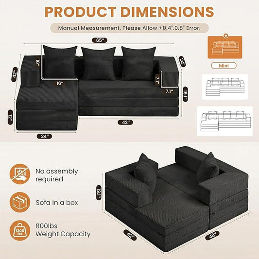 65" Boneless Couch,Convertible Sleeper Sofa Bed, Mini Modular Sectional Sofa, Modern Tri-Folding Cloud Couch with L-Shape Chaise, Corduroy Futon Couches for Small Spaces Apartment,No Assembly,Black