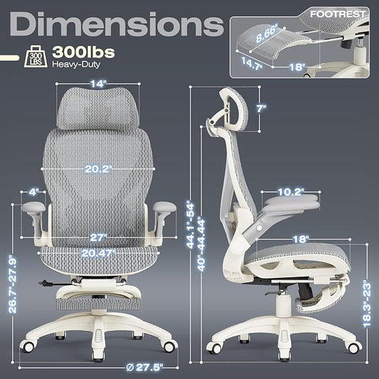 ELABEST X100 Ergonomic Mesh Office Chair with Footrest, Big and Tall Home Desk Chair with 5D Flip-Up Arms, Adjustable 3D Lumbar Support, Gaming & Executive Computer Chair, First Light