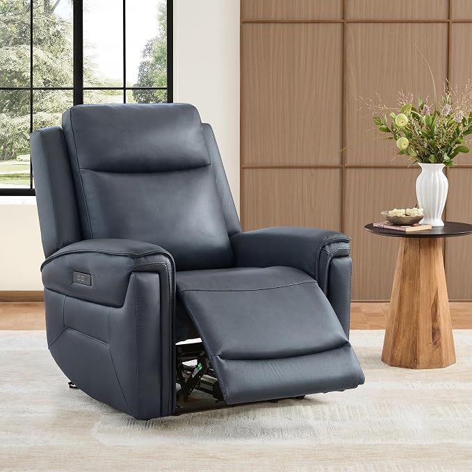 Watson & Whitely Super Zero Gravity Power Recliner Chair with Power Headrest, Genuine Leather Recliner with USB & Type-C Ports, Electric Reclining Sofa Chair for Living Room, Bedroom, Navy Blue
