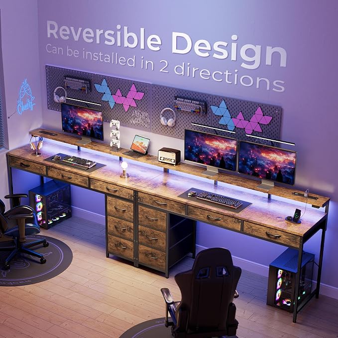 Huuger Gaming Desk with 6 Drawers, Computer Desk with LED Lights Power Outlets and Type-C, 55 Inch Office Desk with Storage, Monitor Stand, Writing Desk for Home Office, Rustic Brown, 1CD102F