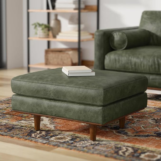 SIMPLIHOME Morrison 33 inch Wide Ottoman in Moss Green Genuine Leather, Multifunctional Footrest, Coffee Table, and Extra Seating for Living Room, Mid-Century Modern Style